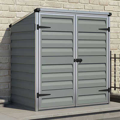 a cheap storage shed, made from plastic with double doors