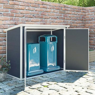 a smart, grey plastic garden storage shed containing 2 bins