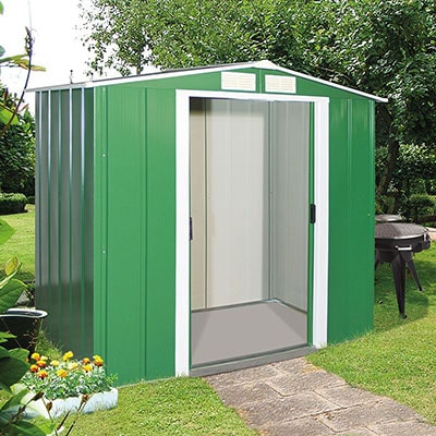 a 6x4 green metal shed with a windowless design