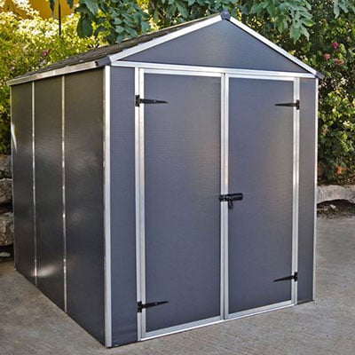 a premium grey plastic garden shed with double doors