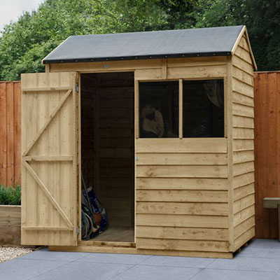 an affordable wooden shed with reverse apex roof and 2 windows