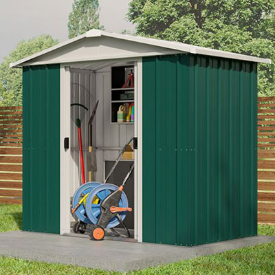 a cheap metal shed in green