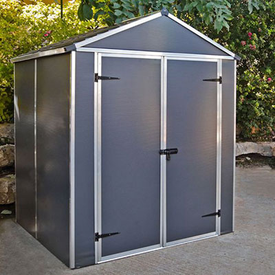 a 6x5 grey plastic shed with apex roof and double doors