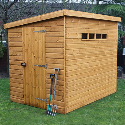 a 6x8 wooden security shed with a pent roof and a small strip of windows