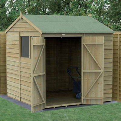 a 7x7 reverse apex wooden shed with double doors and 1 window
