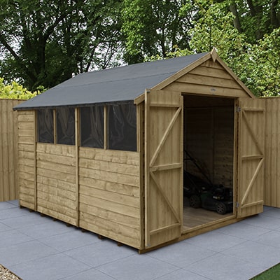 8x10 wooden apex shed with double doors and windows on a patio in a garden setting