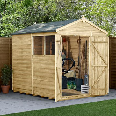 an 8x6 wooden shed with apex roof, double doors and 2 windows