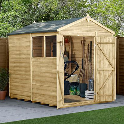 an 8x6 overlap wooden shed with double doors and 2 windows