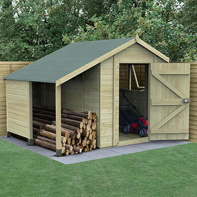 an 8x6 tongue and groove wooden shed with logstore