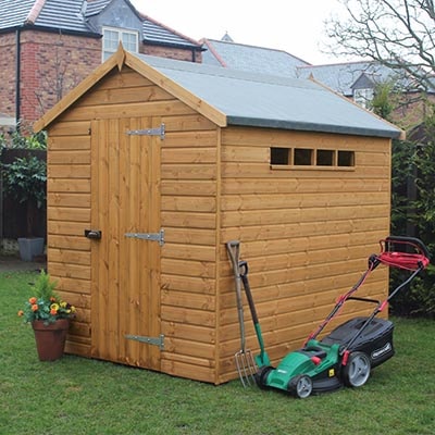an 8x8 wooden security shed with an apex roof