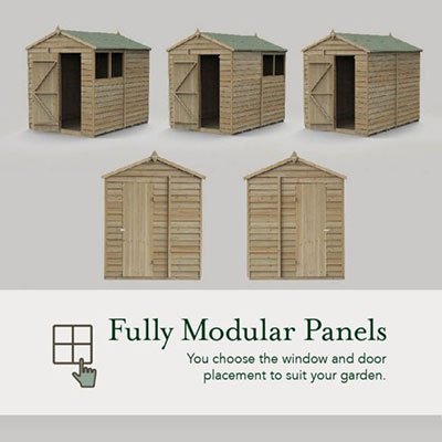 an infographic showing versatile door and window placements on a fully modular shed