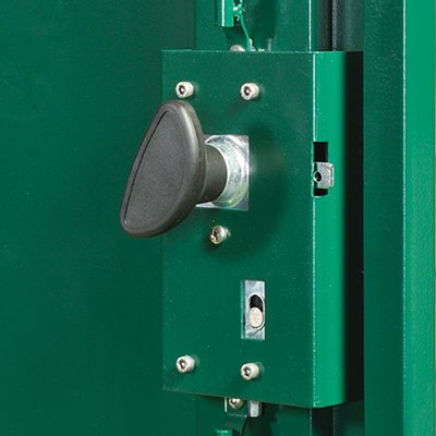 close up of a metal shed locking system on the back of the shed door