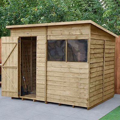 a wooden pent shed with 2 windows