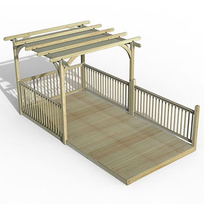 a wooden decking kit, including balustrades and a pergola with retractable canopy