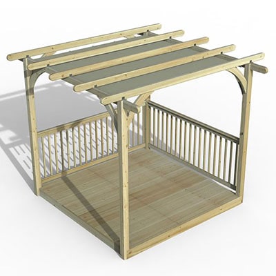 an 8x8 wooden decking kit with balustrades and pergola with retractable canopy