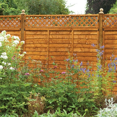 diamond trellis fence toppers positioned on top of dip-treated fence panels