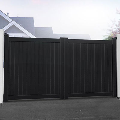 black driveway double gates with a vertical infilll design