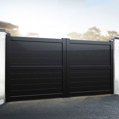 black driveway gates with a solid, horizontal infill