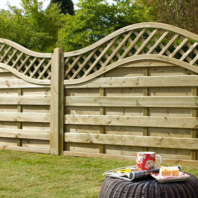 6x3 fence panels with a hit and miss design plus convex-shaped trellis top section