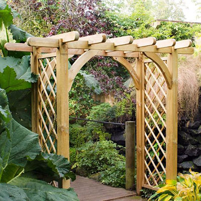 a wooden garden arch with trellis side panels