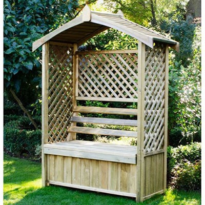 a garden arbour with lattice side panels