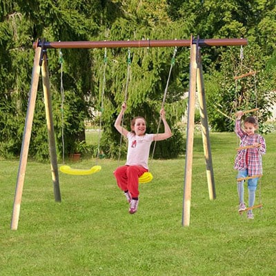 a kids' garden playset, including 2 swings and a rope ladder