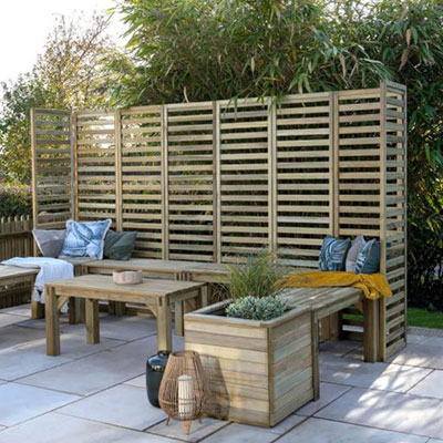 a modular garden seating set, including wooden planters, trellis panels, garden benches, and seats