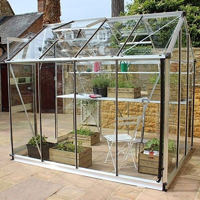 A 6x6 glasshouse with an aluminium frame, sliding doors and open roof vent