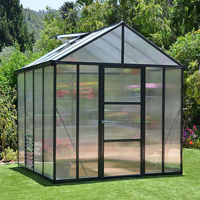 An 8x8 greenhouse with frosted polycarbonate glazing