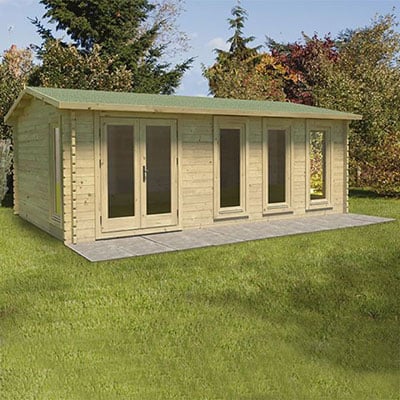 a garden cabin with reverse apex roof, glazed double doors and 5 large windows