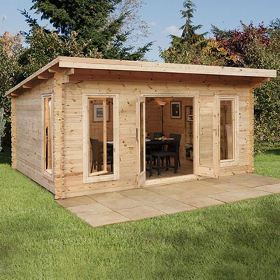 a log cabin garden office with pent roof, double doors and 3 windows