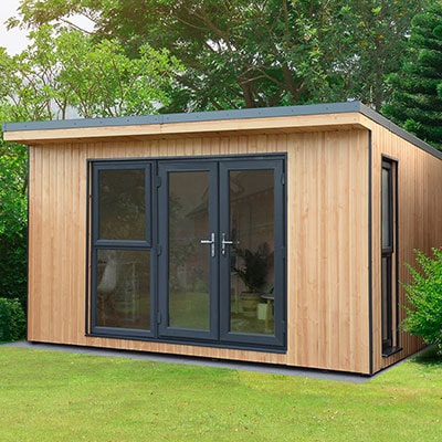 a wooden garden office with glazed double doors and windows