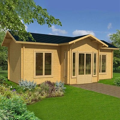 a high-quality garden log cabin with double doors and extensive glazing