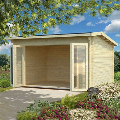 a garden log cabin with reverse apex roof and bi-fold doors