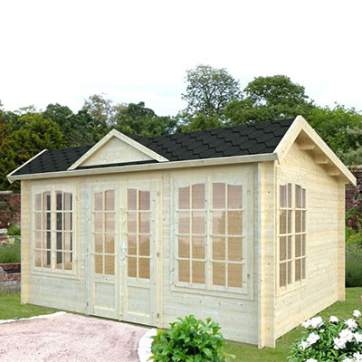 a log cabin summerhouse with a clockhouse design