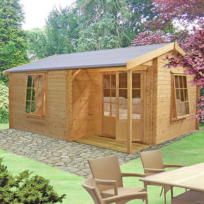 a log cabin summerhouse with veranda, double doors and opening windows
