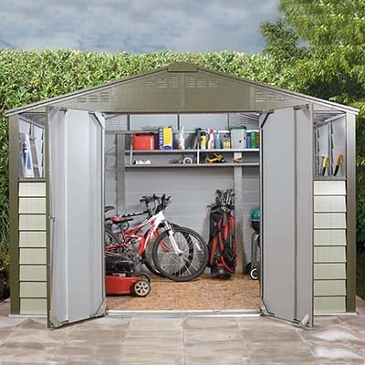 10x8 grey metal shed with open doors showing contents including bikes, mower and full shelves
