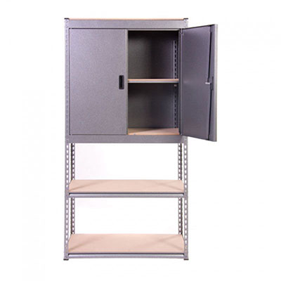 A storage unit consisting of a cupboard on top of shelves