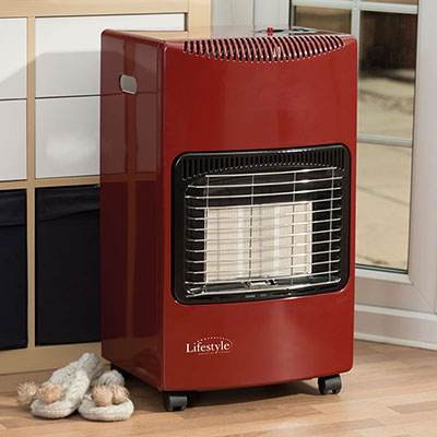 Red portable gas heater for log cabins from Shedstore