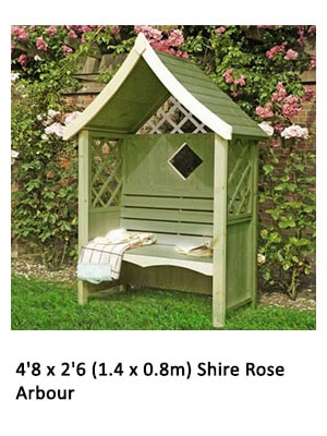 green arbour seat with sloping curved apex roof