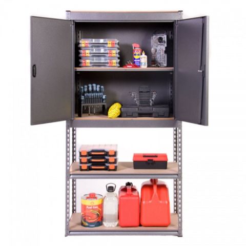 a half cupboard half shelving unit packed with gardening paraphernalia - a great shed storage idea