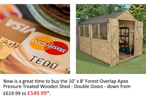 A selection of credit cards and the 10x8 Forest Overlap Apex Pressure Treated Wooden Shed - Double Doors