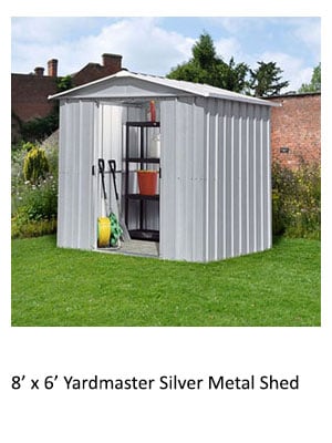 8’ x 6’ Yardmaster Silver Metal Shed with doors open, showing neatly stacked tools