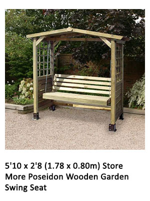 wooden arbour with swinging bench suspended by chains