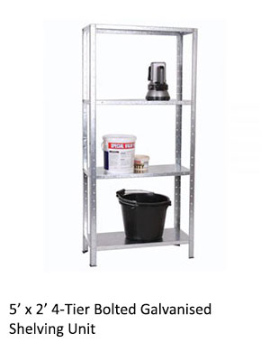 5’ x 2’ 4-Tier Bolted Galvanised Shelving Unit containing a bucket and tins of paint