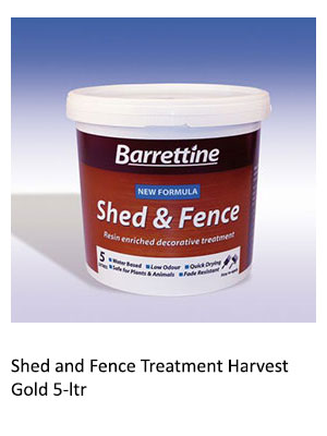 a tub of Shed and Fence Treatment Harvest Gold 5-ltr