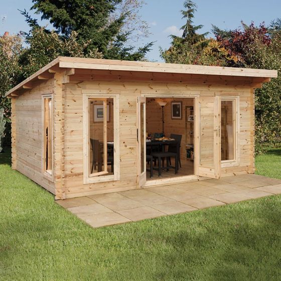 A log cabin with a large roof overhang and 44mm cladding