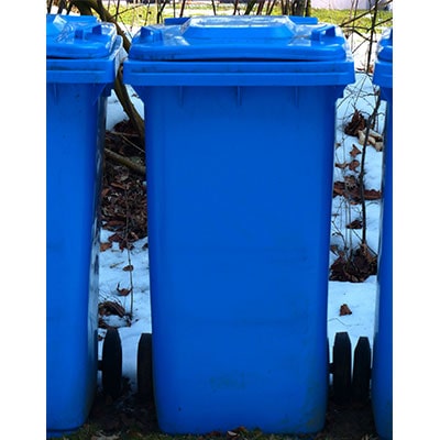 a blue wheelie bin