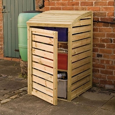 Wooden slatted storage unit for recycling boxes