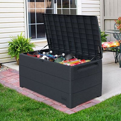 a black plastic deck box